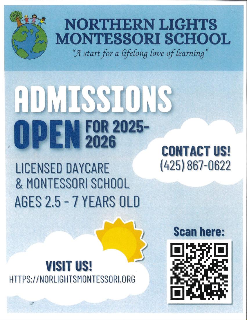 Promotional flyer for Northern Lights Montessori School with contact information and QR code.